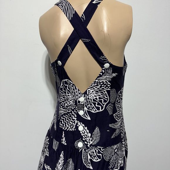 Lang Originals Vintage Navy White Midi Dress Drop Waist Cross Back Size 12 - Picture 7 of 12